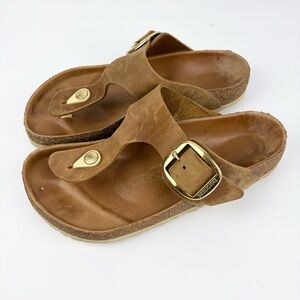 Birkenstock Gizeh Big Buckle Brown Leather Gold Metal Slip On Sandals Thong 38